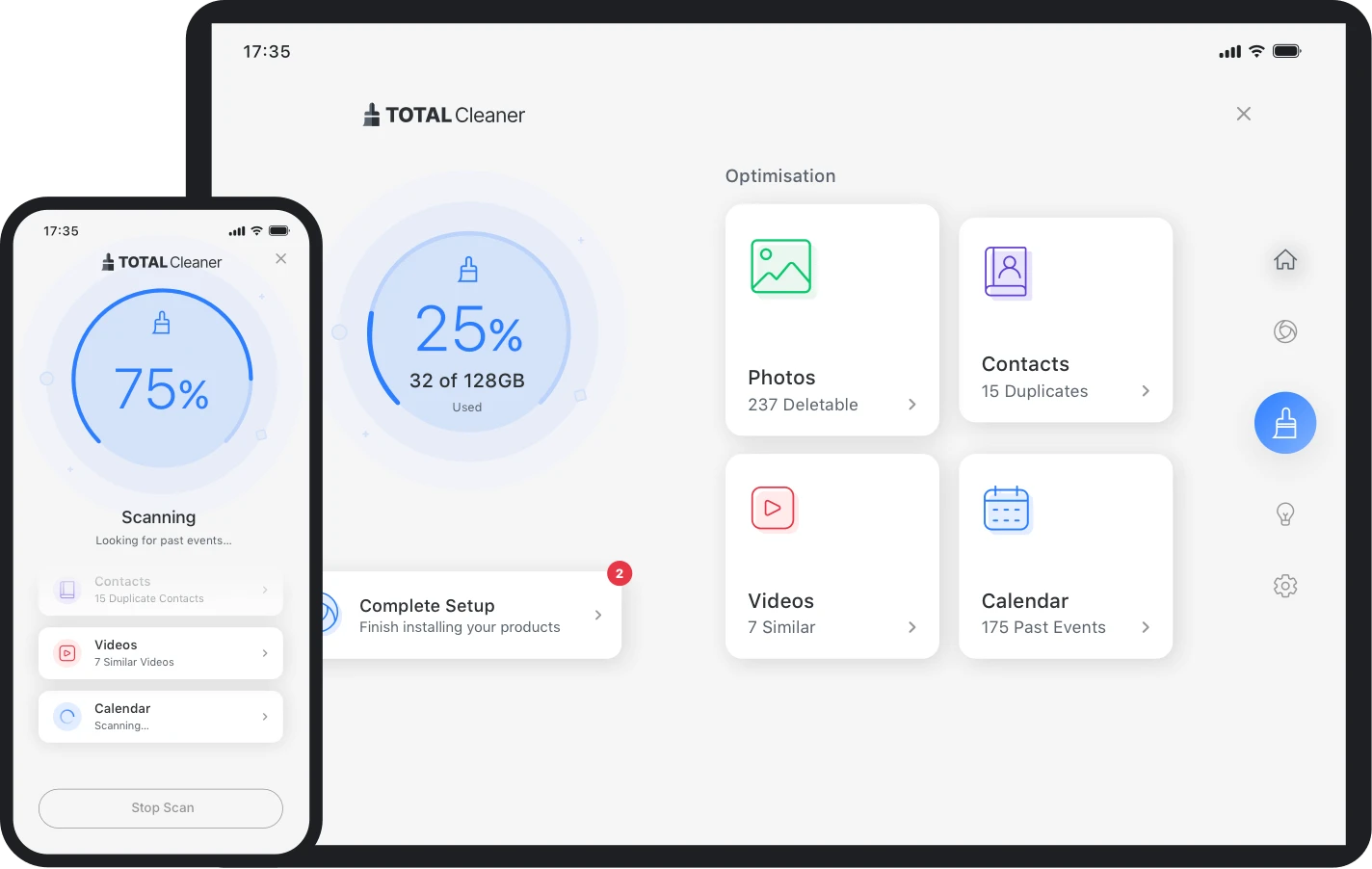 Total Cleaner software interface shown on desktop and laptop devices